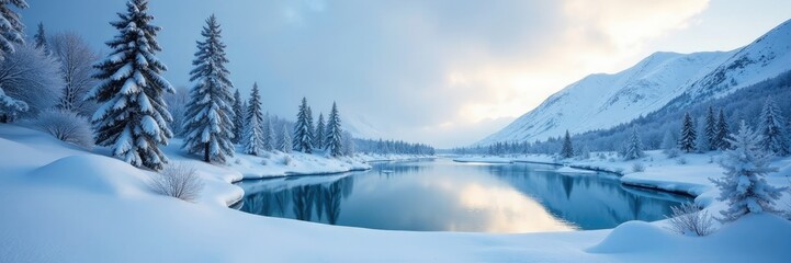 Frozen lake and snow-covered trees around Ararat, ice, cold scenery, snowflakes