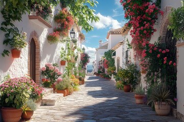 Obraz premium Charming mediterranean street with colorful flowers