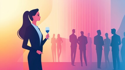 Elegant Woman Holding Wine Glass in Colorful Social Gathering with Silhouettes of Guests in the Background