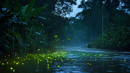 Fototapeta premium Night jungle forest with river cartoon background. Lake, fantasy tree, palm and bush scene illustration. Amazon riverside location area for game with green firefly glow. Outside travel environment