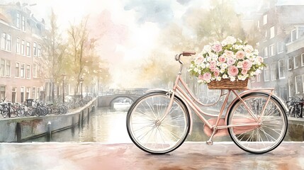 Fototapeta premium Bicycle with flower basket parked in front of a canal