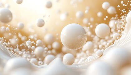 Abstract cream spheres in motion, golden background