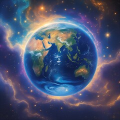 Obraz premium The text describes a stunning celestial display that showcases the breathtaking beauty of Earth surrounded by vibrant cosmic colors.