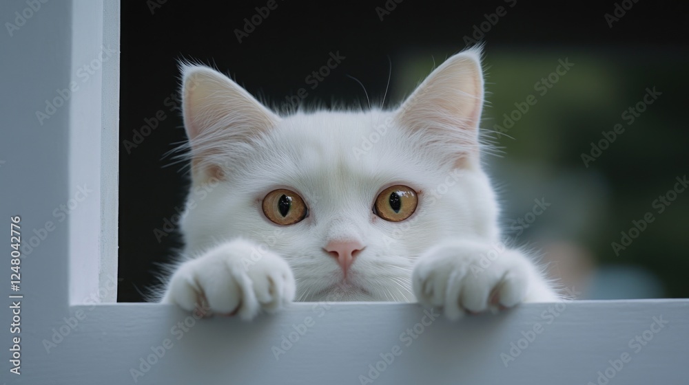 Poster a close-up shot of a curious cat peeking out of a window