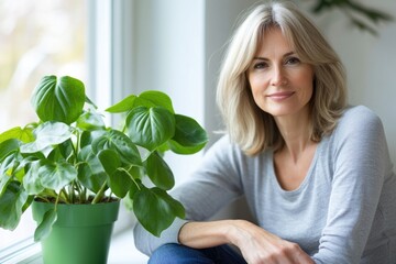 A woman sits beside a potted plant, surrounded by calm atmosphere