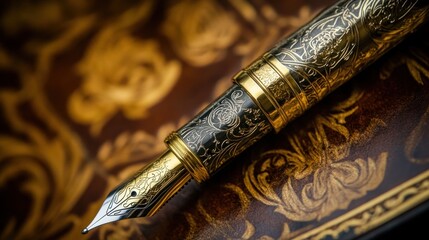 Ornate fountain pen resting on an antique book with gilded details
