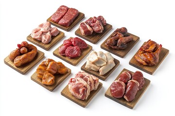 Assorted meats displayed on wooden trays on a white background, suitable for food photography or culinary use