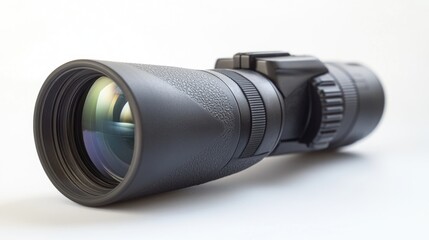 A close-up view of a camera lens on a white surface