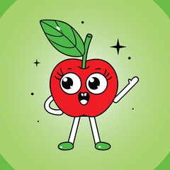 Smiling red apple character with big eyes waving happily on a green background in a cute and playful kawaii style