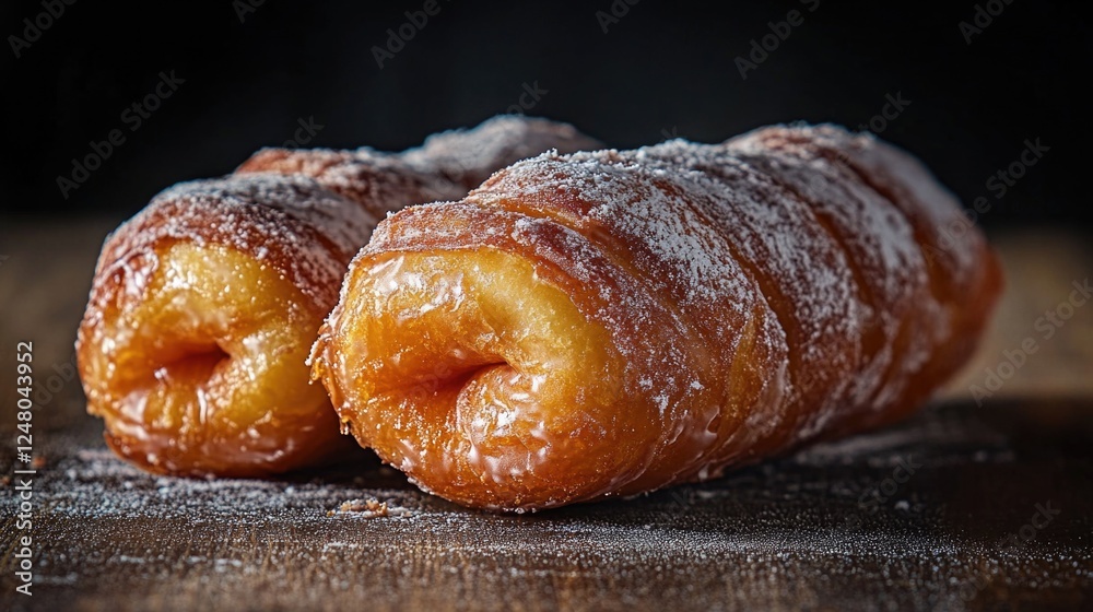 Poster a pair of doughnuts placed on a wooden table, perfect for a bakery display or food styling