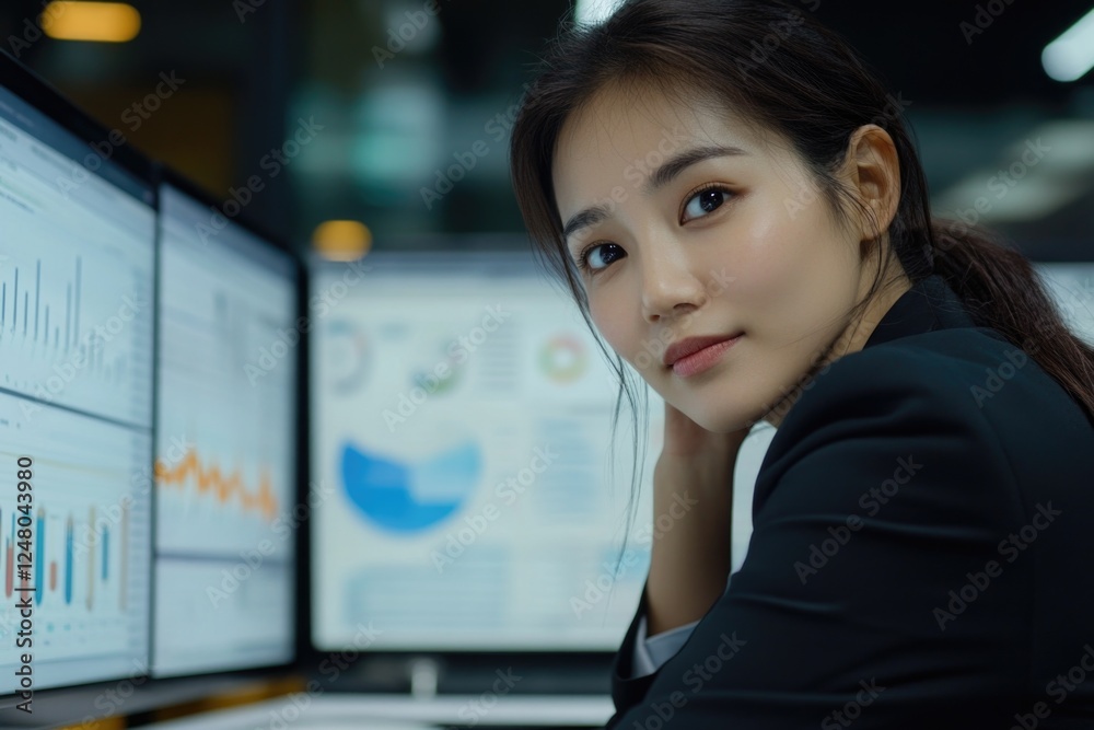 Poster a person sitting at a desk with two computer screens, focused on work