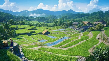 Rice Terraces and Village: A picturesque vista of vibrant green rice terraces cascading down mountain slopes, with a traditional village nestled amongst the paddy fields.