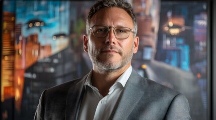 Obraz premium Professional man in suit, middle-aged individual with beard in a creative studio, vibrant artwork in background, ideal for business profiles.