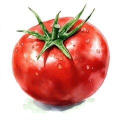 Fresh red tomato with green leaves visible.