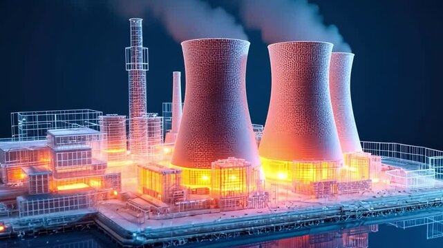 Nuclear Power Plant: A futuristic rendering of a towering nuclear power plant, its glowing reactor core casting an eerie light against a dark, ominous sky.