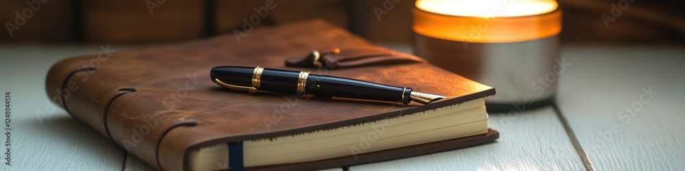 Poster A pen rests on top of a book next to a soft candle flame, creating a warm and inviting atmosphere