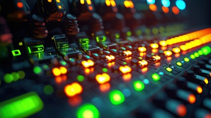Illuminated audio mixing console, studio control, music production, background blur, for website banners