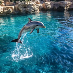 Fototapeta premium A Playful Dolphin Jumping Out of Crystal-Clear Blue Waters During a Bright Day