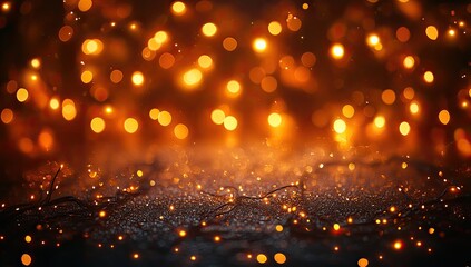 Obraz premium Warm golden bokeh lights over dark background, glittering sparkles and particles, festive atmosphere, warm lighting effect, blurred lights, glowing lights, dark backdrop, sparkling effect, festive