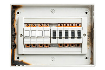 Burned-out fuse box isolated with transparent background