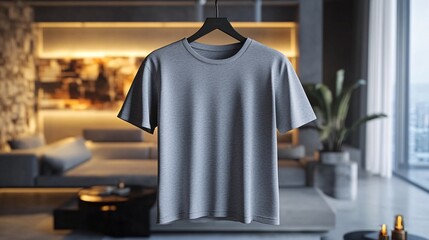 Grey t-shirt hanging in a modern room, minimalist design, soft lighting highlighting relaxed, casual fashion style