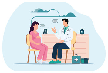 Pregnant woman consulting doctor in clinic. Healthcare, maternity care, pregnancy checkup, medical consultation, prenatal health, gynecology, obstetrician, maternal care, doctor appointment.