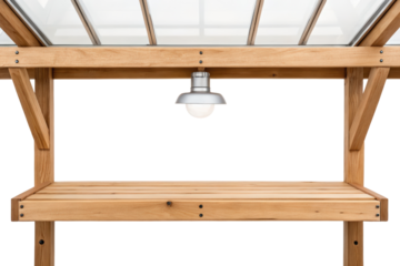 Wooden garden workbench with light isolated with transparent background