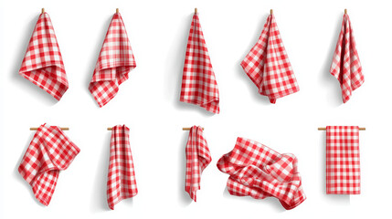 Obraz premium Set of red checkered towels folded, hanging and top view isolated on white background. Realistic vector illustration of napkin, cozy kitchen interior design element, home textile for domestic use