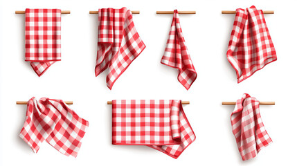Fototapeta premium Set of red checkered towels folded, hanging and top view isolated on white background. Realistic vector illustration of napkin, cozy kitchen interior design element, home textile for domestic use
