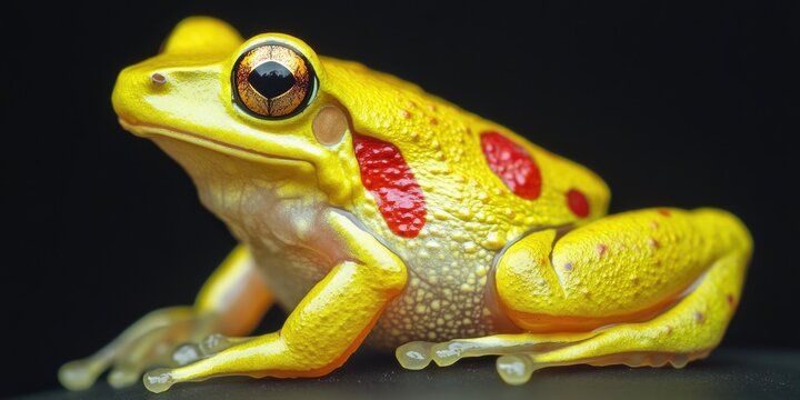 A small yellow and red frog sits on top of a wooden table