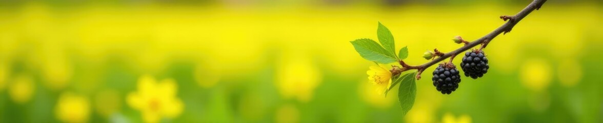 Delicate blackberry twig in full bloom on a bright yellow field, spring, greenery