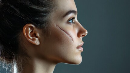 Fototapeta premium A side profile of a woman with a healed scar running from her temple to her jawline, highlighted by soft lighting