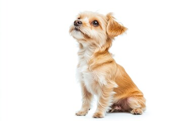 A small dog is sitting on a white surface
