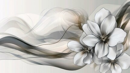 Elegant White and Brown Flowers with Abstract Waves: Serene Botanical Wallpaper Design