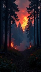 Dark forest with massive wildfire engulfing trees and underbrush, woods, blazes in the forest, destruction of foliage