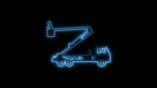 Glowing Neon Cherry Picker Icon Isolated, Symbol of Lifting and Construction, HD Video Motion Graphic Animation on Black Background