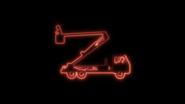 Glowing Neon Cherry Picker Icon Isolated, Symbol of Lifting and Construction, HD Video Motion Graphic Animation on Black Background