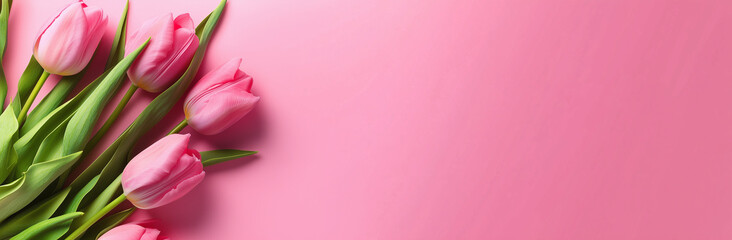 Fototapeta premium Pink tulips on a pink pastel background. Top view, flat lay copy space Valentine’s Day cards, Mother’s Day, Women’s Day message card, save the date cards, and other printing projects.