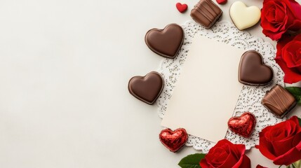 Romantic composition with red roses, heart-shaped chocolates, and blank card for love messages or Valentine's Day