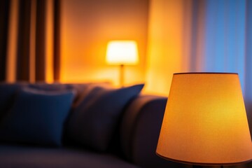 A lamp sits on a table, providing warm lighting