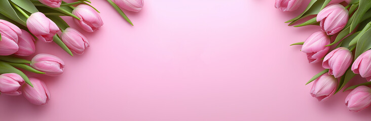 Pink tulips on a pink pastel background. Top view, flat lay copy space Valentine’s Day cards, Mother’s Day, Women’s Day message card, save the date cards, and other printing projects.