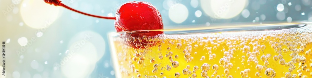 Poster a glass filled with frothy beer and topped with a single cherry, perfect for a relaxing evening or a