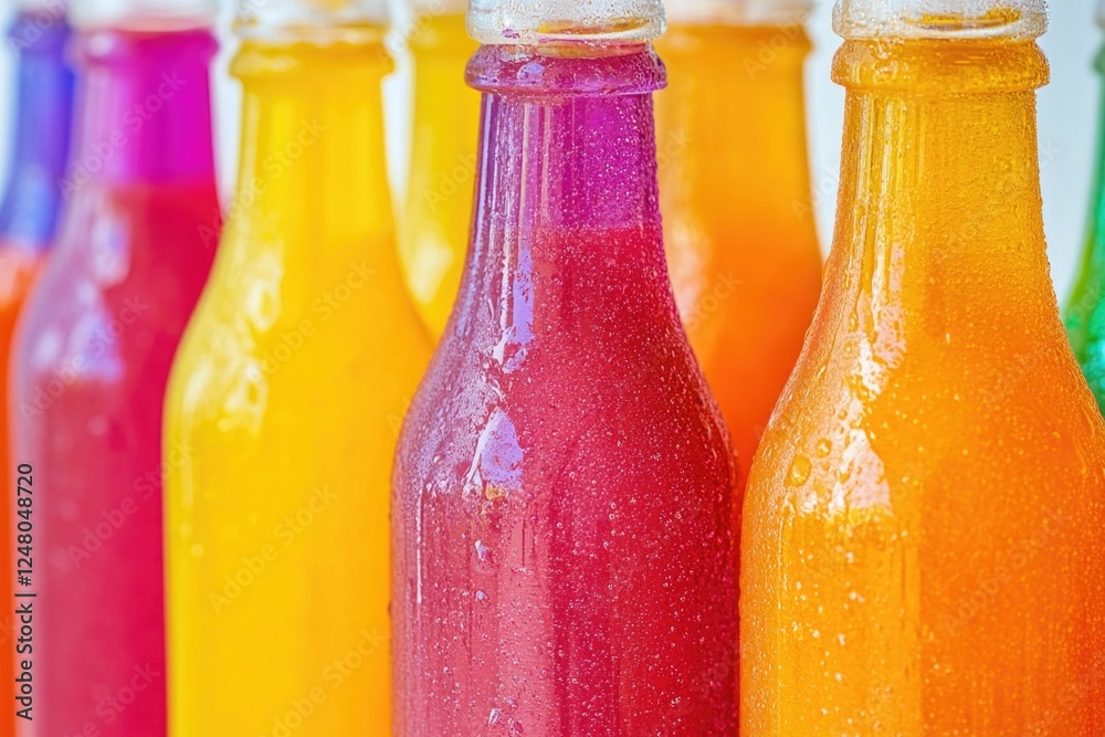 Poster a collection of bottles filled with variously colored liquids, suitable for use in scientific or med