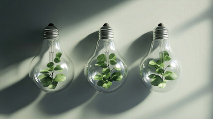 Lightbulbs with Green Plants Inside Symbolizing Eco-Friendly and Sustainable Energy