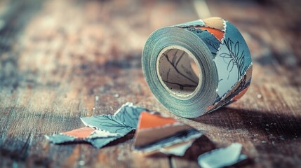 A roll of tape resting on a wooden surface, ready for use