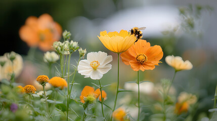 close up of bee pollinating vibrant flowers in garden, showcasing nature beauty and importance of pollinators
