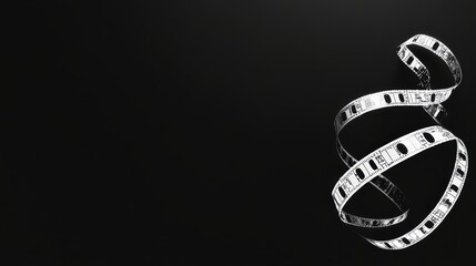 film strip curling at the end, spread across the frame, showing various black and white scenes Over black Studio Background.