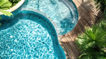 Swimming pool with wooden floor in backyard home. generative AI image