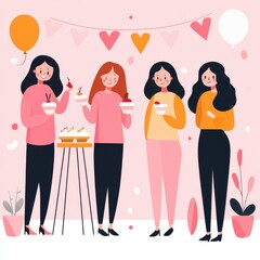 Four Women Celebrating Together with Desserts and Balloons in a Colorful Pink Background
