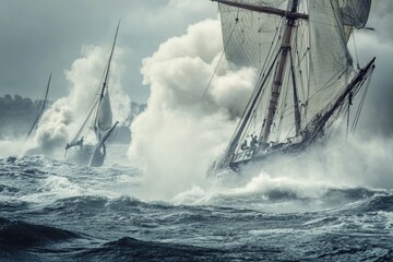 Obraz premium A group of sailboats navigating through turbulent waters